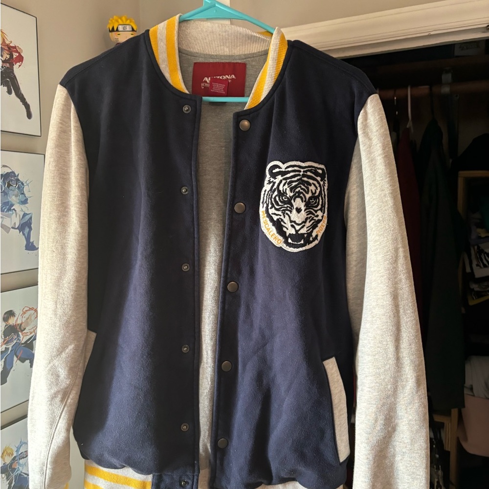 Navy and Gray Varsity Jacket with Tiger Patch